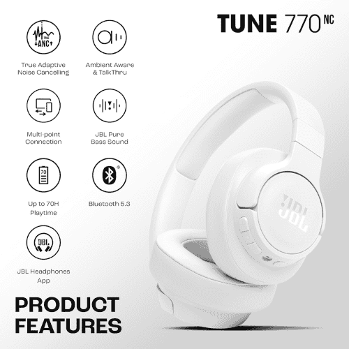 Imagen con fines ilustrativos JBL TUNE 770NC - Auriculares con diadema con micro - tamaño completo - Bluetooth - inalámbrico, cableado - cancelación de sonido activo - conector de 3,5 mm - blanco · Imagen con fines ilustrativos