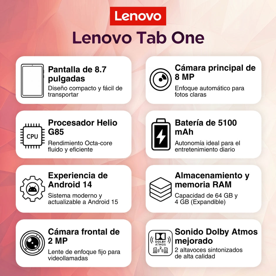 Imagen con fines ilustrativos Lenovo Tab ONE - 8.7" - WIFI Android 14 or Later - Helio G85 - 4GB LPDDR4x-128GB + Folio Case · Imagen con fines ilustrativos