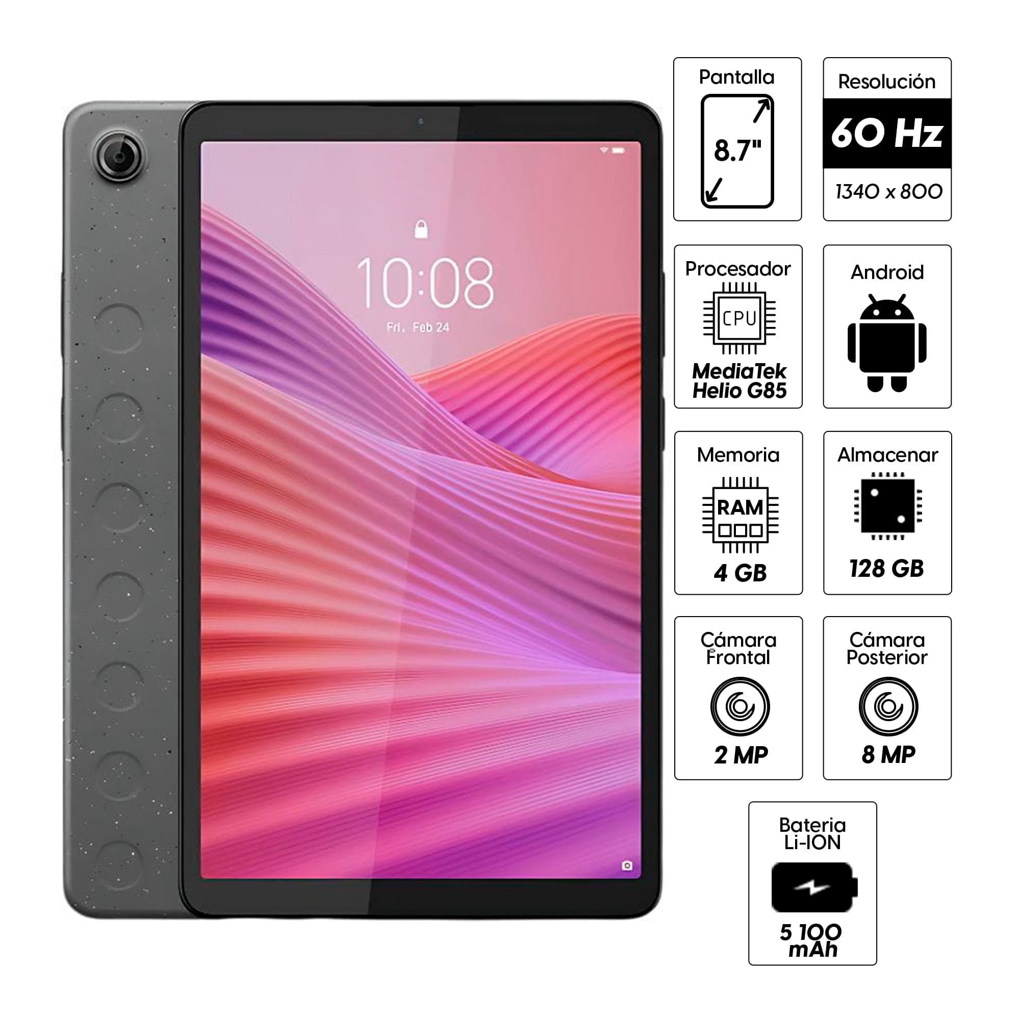 Imagen con fines ilustrativos Lenovo Tab ONE - 8.7" - WIFI Android 14 or Later - Helio G85 - 4GB LPDDR4x-128GB + Folio Case · Imagen con fines ilustrativos